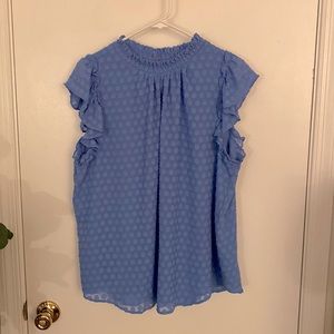 LOFT Blouse Blue high neck flutter sleeve, Size XL